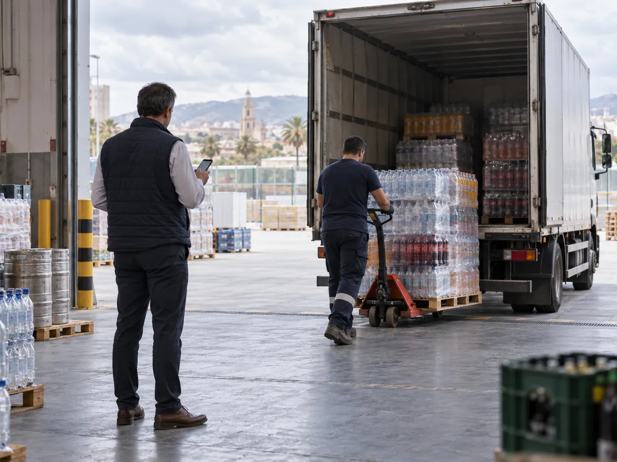 Un jefe de tráfico consulta en el móvil una ruta de reparto junto a un camión rígido aparcado en el muelle de un almacén, mientras un mozo lleva un palé de bebidas al camión con una transpaleta.