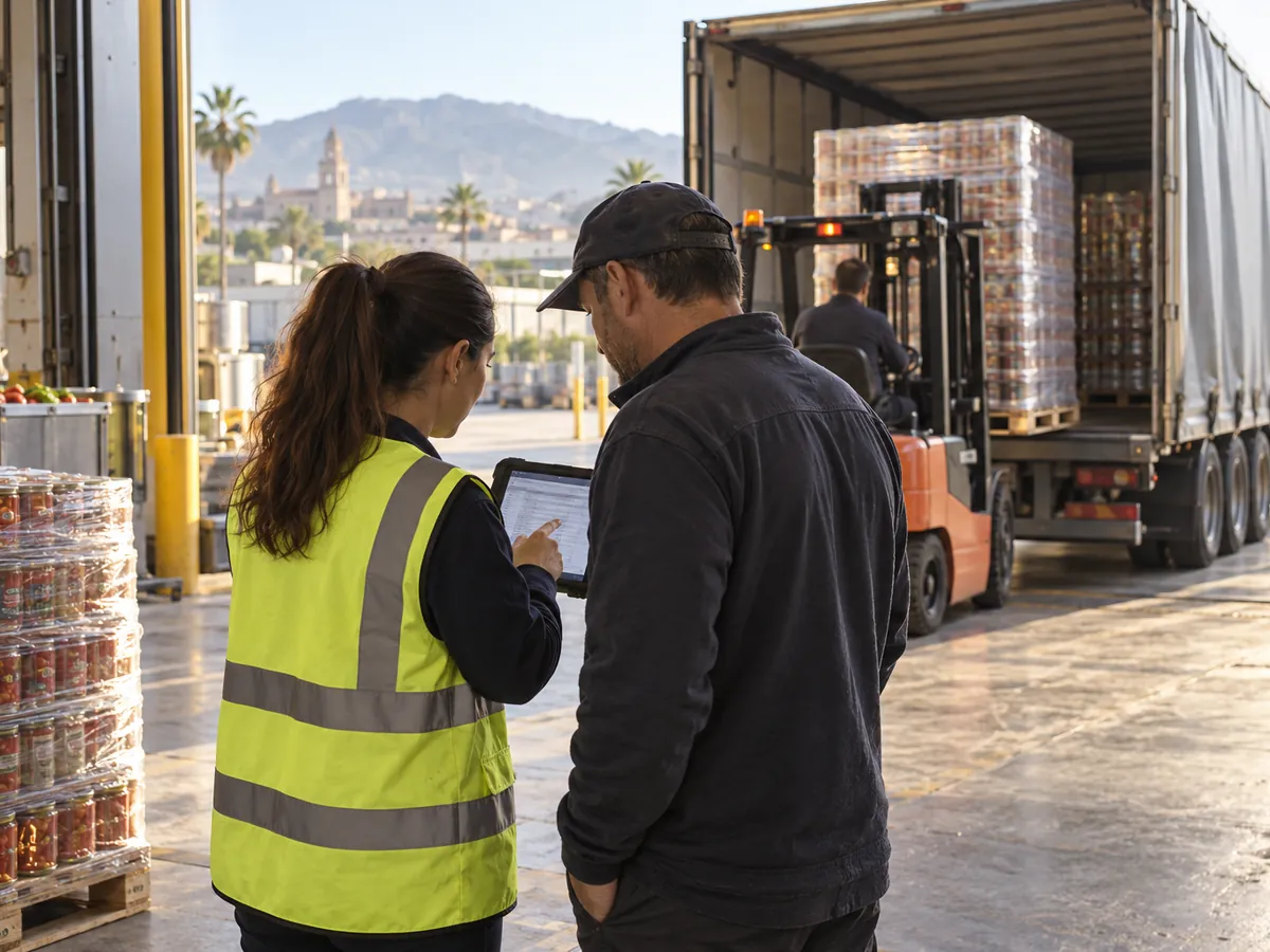 La responsable de expediciones de una fábrica y un conductor de camión revisan juntos en una tableta los datos de un envío junto a la rampa de carga, con palés retractilados al fondo.