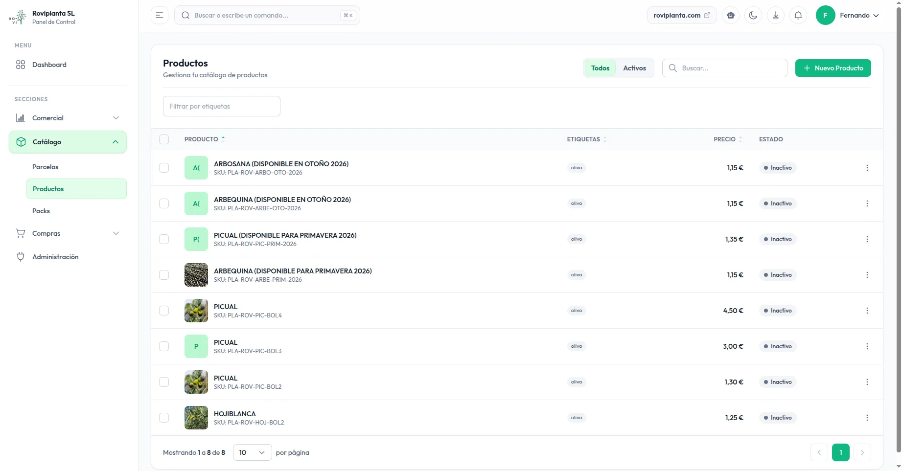 Listado de productos de Roviplanta con SKUs y estado