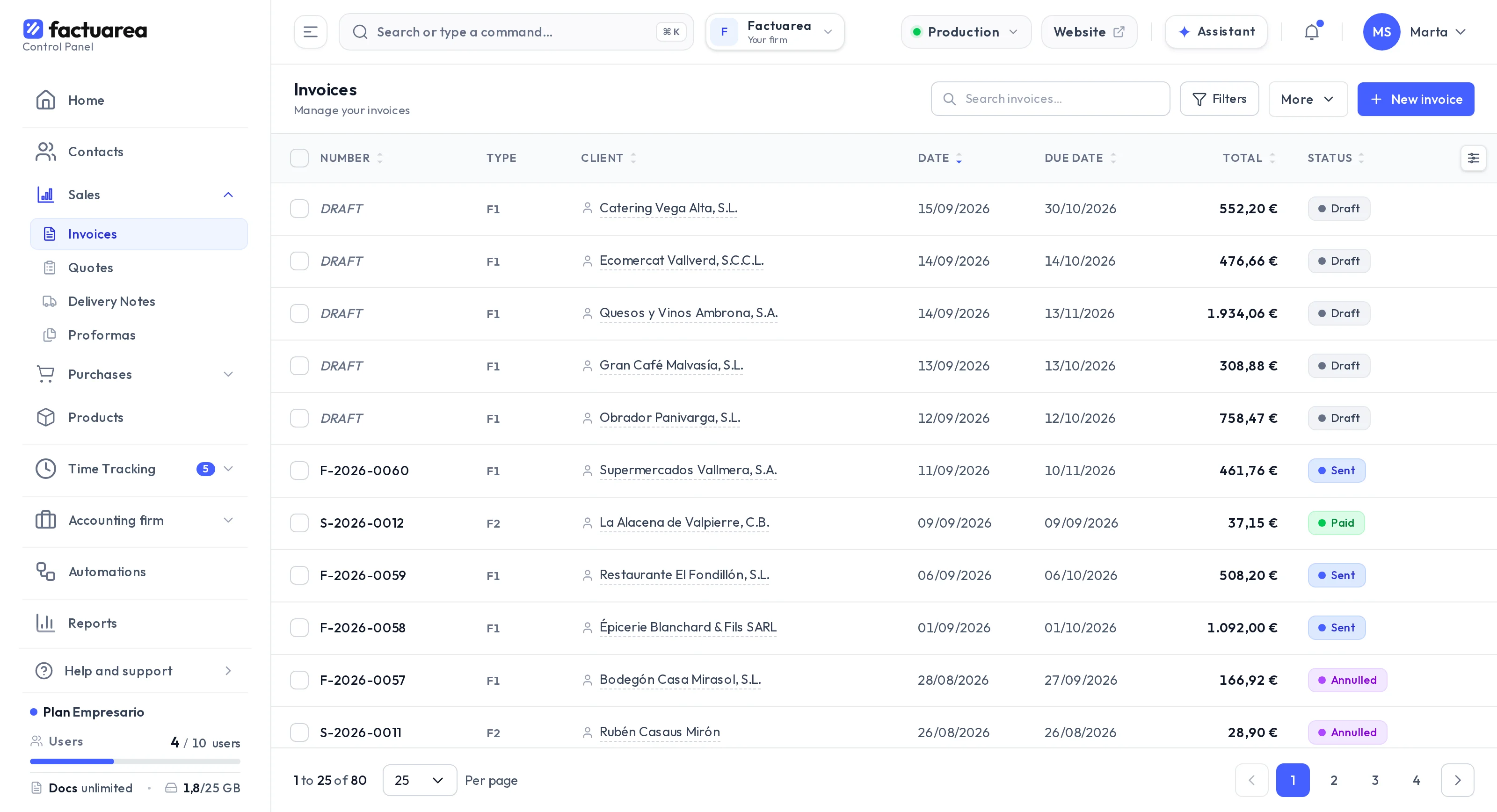 The invoice list inside Factuarea