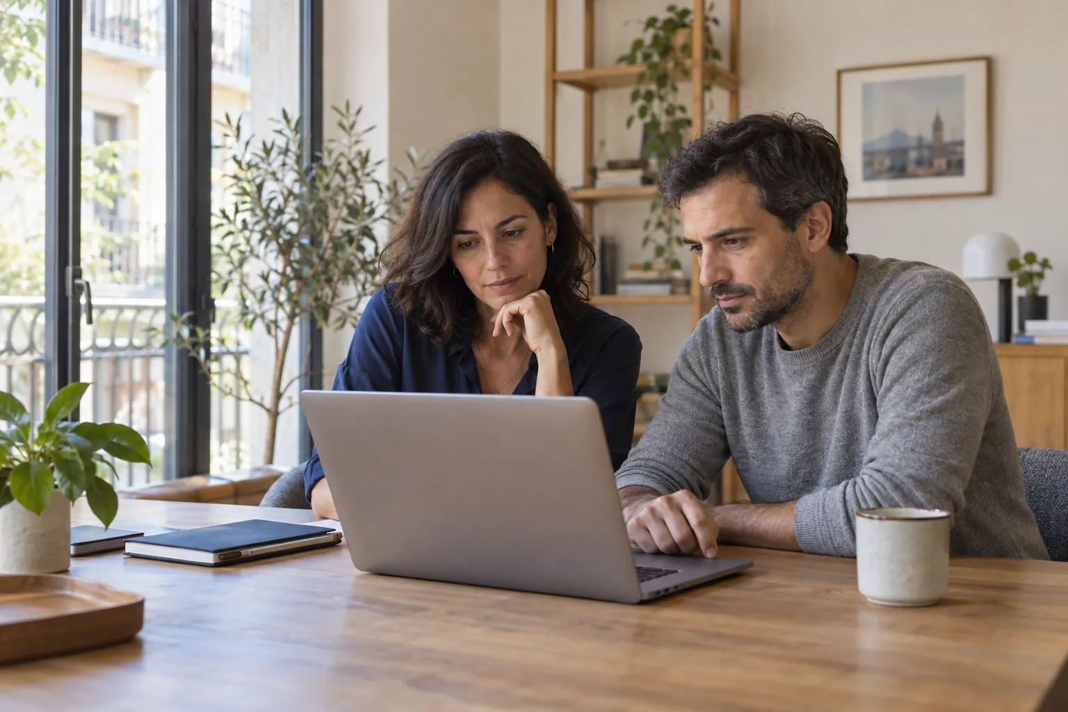 Dos personas revisando la gestión de varias empresas desde un puesto de trabajo con luz natural