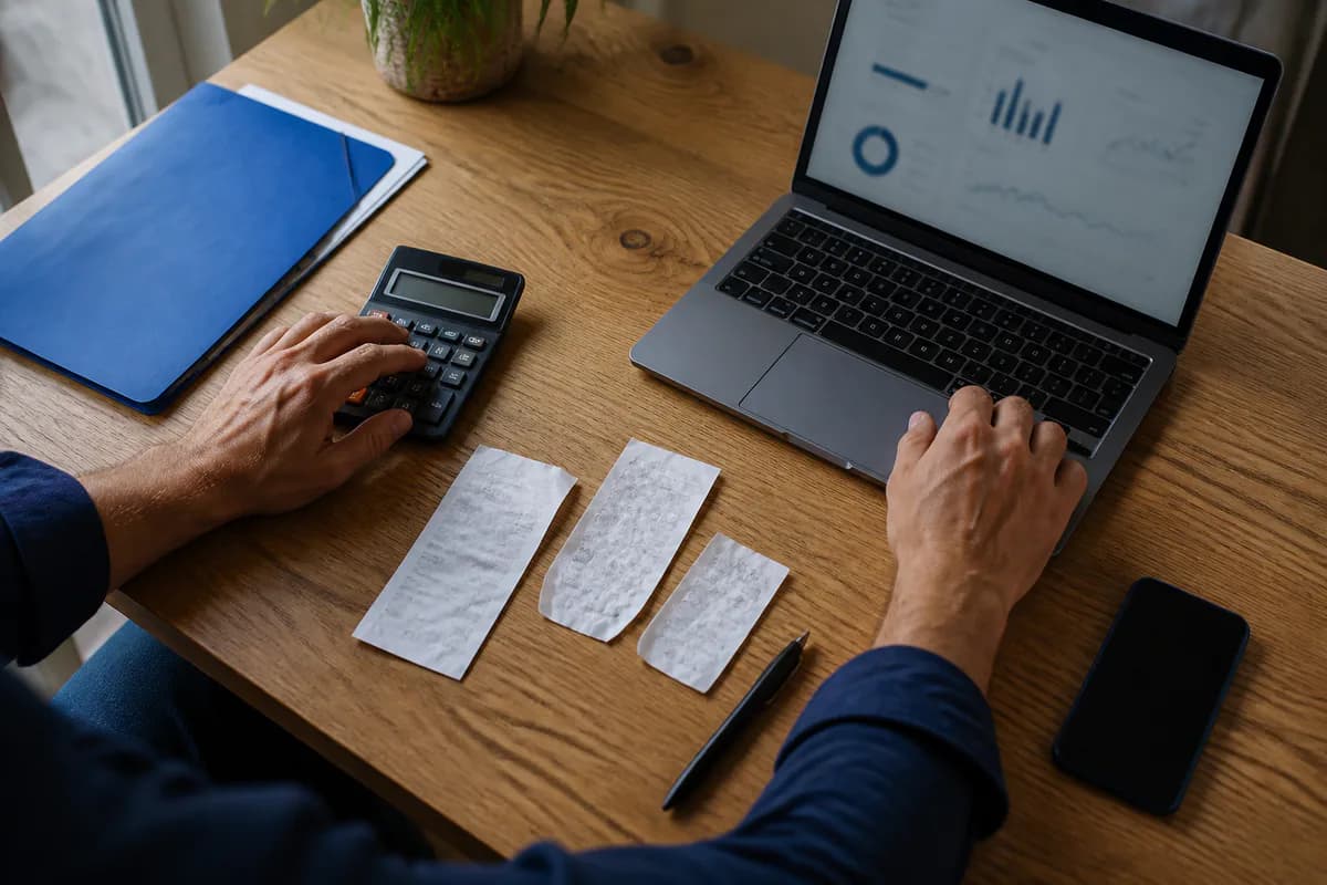 Profesional autónomo revisando recibos con una calculadora y un portátil